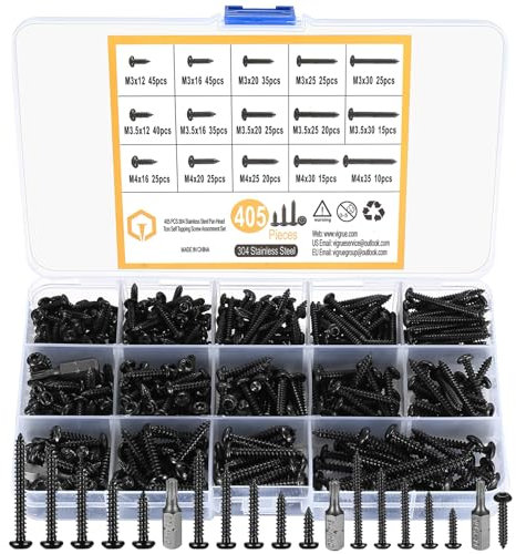 405 Pezzi nero Viti a Testa Bombata Torx, M3/M3.5/M4 Viti a Testa Tonda Autofilettanti, Viti per Legno Acciaio inossidabile, Torx Autofilettanti, con Punte da 3 Pezzi