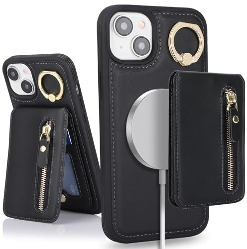 SailorTech for iPhone 14 Phone Case with Card Holder, Cover for iPhone 14 Case Magsafe Ring Stand with Kickstand Card Slots Wallet Detachable 2-in-1 Zipper Case - Black