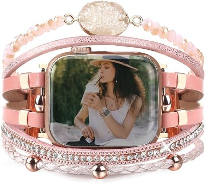 CHARMINGO Boho Leather Bracelet Compatible with Apple Watch Band Women 44mm 45mm 49mm 42mm Series 9 8 7 6 SE Ultra Cute Multilayer Wrap Apple Watch Strap for iWatch Band Series 5 4 3 2 1, Pink03