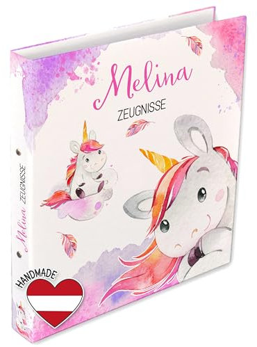 FEENSTAUB Personalisierte Zeugnismappe mit Namen und Text, Dokumentenmappe für Zeugnisse, Ordner A4 schmal Kinder, Zeugnisringbuch A4, Zeugnisordner, Geschenk Einschulung, Mappe Einhorn