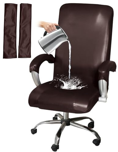HOMECOVER Elástica Funda para Silla De Oficina Impermeable, Universal De Piel Sintética Giratorio Cubiertas De La Silla De La Computadora con Fundas De Reposabrazos Extraíble-café-XL