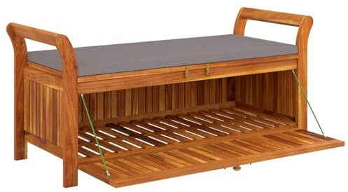 Kavolet Gartenbank Truhenbank mit Kissen Staufach Sitzauflage Garten Balkon Sitzbank Parkbank Auflagenbox Bank Kissenbox Gartentruhe Box 126 cm Massivholz Akazie 110kg Belastbarkeit