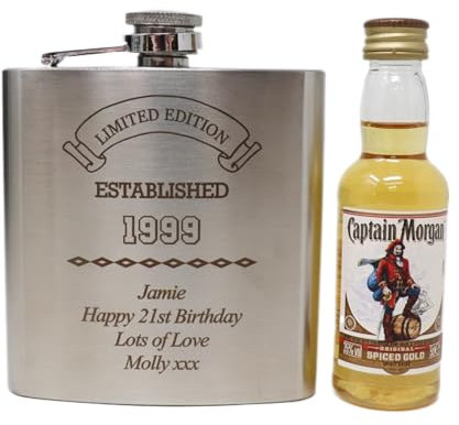 Personalised Engraved Stainless Steel Silver Hip Flask & Miniature Alcohol Bottle - Established Birthday Design - 40th 50th Birthday Gift for Dad/Grandad (Spiced Rum/No Gift Box)