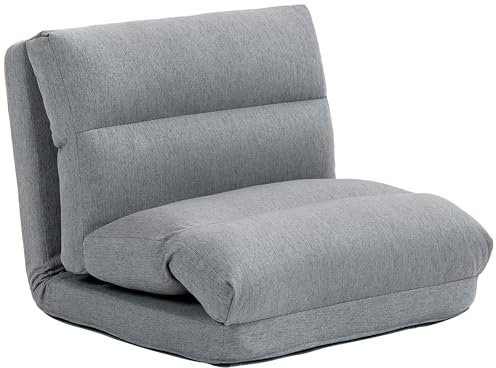 HOMCOM Sillón de Suelo sofá Perezoso Convertible en Cama Respaldo reclinable en 5 Posiciones de 90° a 180° Tela con Aspecto de Lino - 70W x 41D x 56H cm - Gris