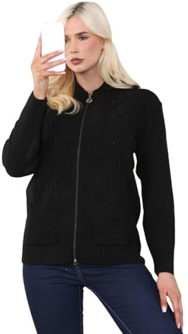 Candid Styles Womens Zipped Cable Knit Long Sleeve Zip Through Fasten Jumper Top Ladies Classic Knitwear Zipper Cardigan Pullover (Black, 14-16)