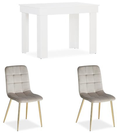 Homestyle4u 2755, Essgruppe mit 2 Stühlen Esstisch 90 x 60 cm Esszimmertisch Holz weiß Essstühle Hell Grau modern Tisch