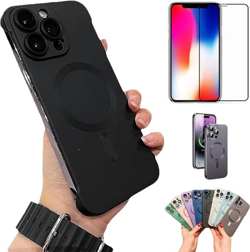 ZHKVAG Flowarmth Frameless Matte Ultra Thin Magnetic Case for iPhone, Zentric Phone Case for iPhone 16/15/14/13/12 Pro Max, Frameless Magnetic Shockproof Lens Protector (15 Pro, Black)