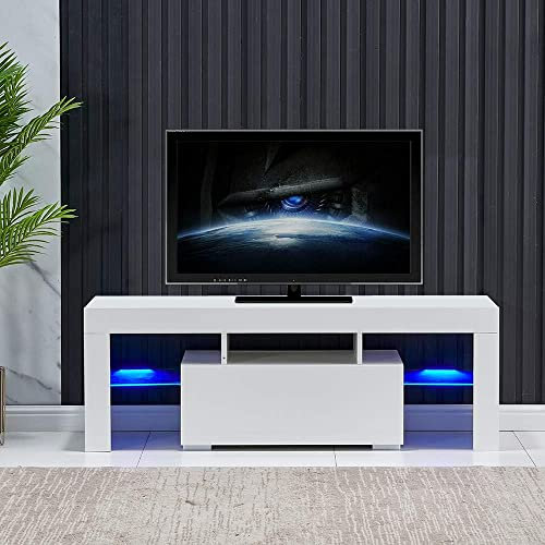 Redd Royal 130cm TV Stand Cabinet with Led Lights for 32-65 TV, Wood White High Glossing Unit Entertainment Center TV Media Center Cabinet with Drawer Shelves