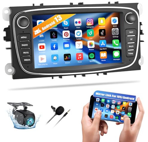 Android 13 GPS Autoradio für Ford Focus II Mondeo 9 S-Max C-Max Kuga 2008-2011 mit Mirrorlink, 7 Zoll Touchscreen Radio mit WiFi/GPS-Navigation Bluetooth FM/RDS/EQ +AHD Rückfahrkamera & MIC