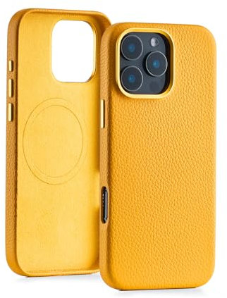 Seagtigau Genuine Leather Case for iPhone 16 Pro (6.3 inch), Stylish Litchi Leather case with Soft Fiber Lining, Lip Screen Protection, Compatible with MagSafe Yellow