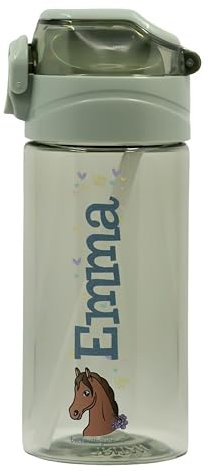 BIENMARQUER - Gourde Personnalisable pour Enfant avec Paille - Convient pour l'Ecole Primaire et Maternelle - Gourde avec Bouchon Anti-Fuite - Résistante au lave-vaisselle - 450mL (Vieux vert)