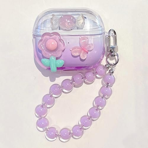 Gradient Purple Flower Pattern Cover Case with Pendant for Samsung Galaxy Buds 2 2021/Galaxy Buds Pro 2021/Galaxy Buds Live 2020