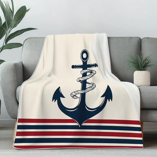 Pggong Anker Streifenmuster Decke Flauschig Weiche, Nautisches Holzmaserung Kuscheldecke überwurfdecke 200x220cm, Meeresabenteuer Fleecedecke Kuschelig Waschbar, Flanell für Bett Stuhl
