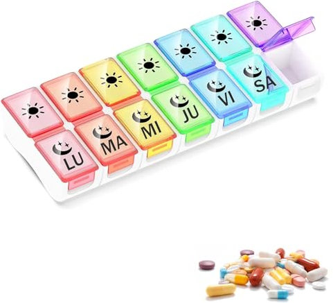 Pastillero Semanal Español 2 Tomas,GeekerChip Pastillero Diario 7 Dias,con 14 Compartimentos,Organizador de Pastillas para Viaje,para Vitaminas, Suplementos y Medicamentos(Multicolor)