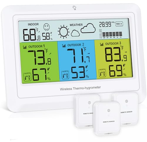 PENTASPI Thermometer Innen Außen Funk Wetterstation 3 Sensoren | Digitales Thermometer mit Farbdisplay, Luftfeuchtigkeit mit 100 m Sensoren, Barometerdruck, Vorhersage, Alarm