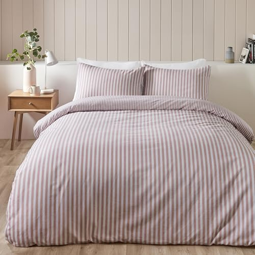 Catherine Lansfield Brushed Cotton Stripe Reversible Super King Duvet Cover Set with Pillowcases Blush Pink