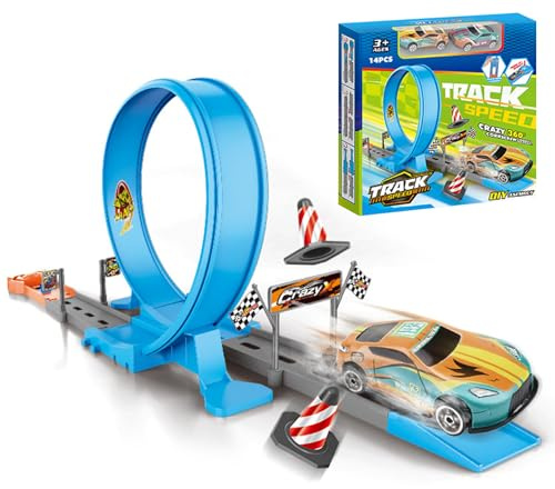 Toy Car Track, 360° Racetrack Set with Safe Looping Design & DualCar Launchers, Exciting Game Kit for Boys Kids Age 3–14 Travel Indoor Outdoor Birthday Easter Party or Home Play