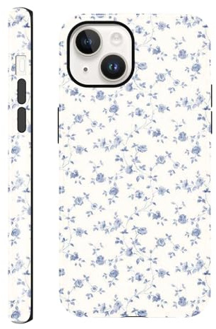 Foonary Cute Case for iPhone 14 Plus 6.7, Preppy Blue FLower Girly Aesthetic Dsign Pattern for Girl Women, Shockproof Slim Soft TPU and Hard PC Frosted Double Protective Cover