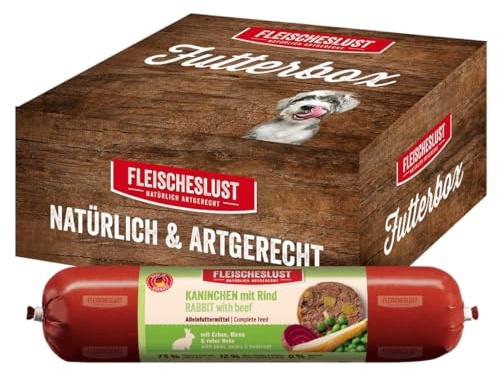 Fleischeslust Hundewurst | Kaninchen & Rind mit Erbse, Birne & Roter Bete | Futterbox (6x800g) | Nassfutter | schnittfest | getreidefrei | Alleinfuttermittel für ausgewachsene Hunde