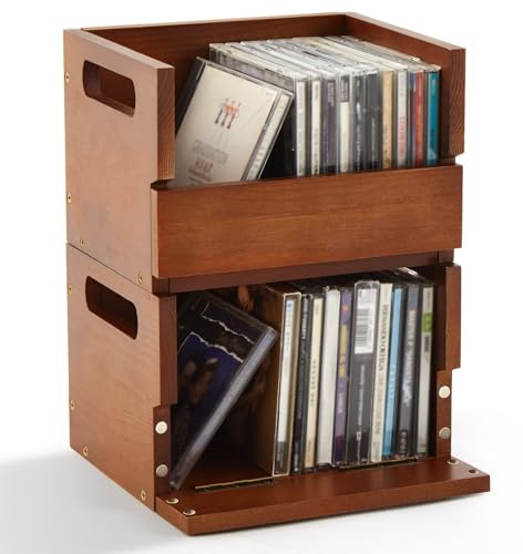 CroBlissful 2 Pack Small Wooden CD Storage Box,Holds up to 36 Cases Total | Desktop CD Organizer for Small Spaces,Compact Media Storage Shelf with with Magnetic Front Flap and Carrying Handles,Brown