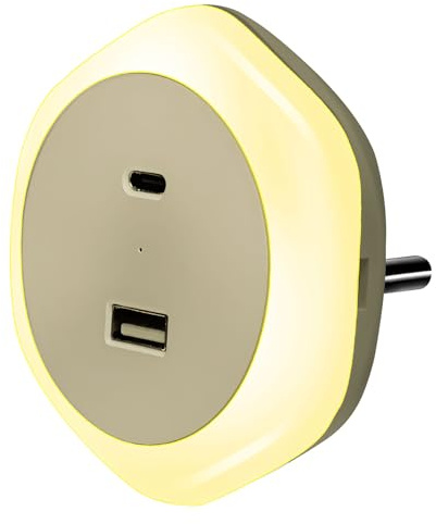 FUFRE LED Nachtlicht mit Bewegungsmelder, Steckdose und 2X USB (USB-C + USB-A) 2.4A, EIN/Aus/Auto Modus, Automatischer Lichtsensor, GS-Zertifiziert für Kinderzimmer, Schlafzimmer & mehr (A)