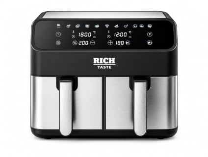 Rich Taste 9L Dual Basket Air Fryer, 10 in 1 Cooking Functions, 2800W Energy Saver, Digital Touch Display, Independent Controls, Adjustable Temperature and Timer, Large Capacity, Oil-Free Cooking
