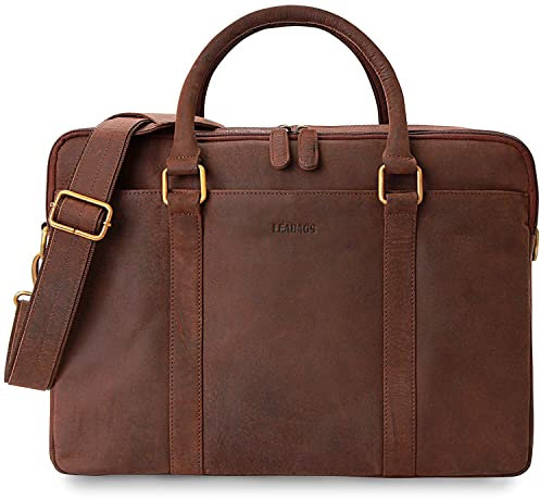 LEABAGS Sac à Bandoulière en Cuir Véritable 16 Pouces | Pour Hommes et Femmes | Ordinateur Portable, Messager, Travail, Enseignant | Nature Brun Foncé