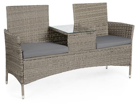 VonHaus Rattan Love Seat for Garden - Grey PE Wicker Outdoor Jack and Jill Seat for 2 People - Weatherproof Loveseat with Glass Tabletop for Patio & Terrace - Tete a Tete with Removable Cushions