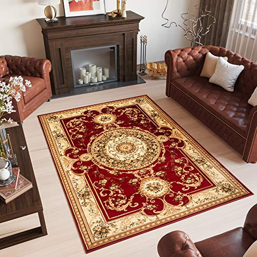 TAPISO Yesemek Klassisch Teppich Kurzflor Wohnzimmer Schlafzimmer Orientalisch Floral Medaillon Muster Bordüre Rot Creme Barock Design ÖKOTEX 250 x 350 cm