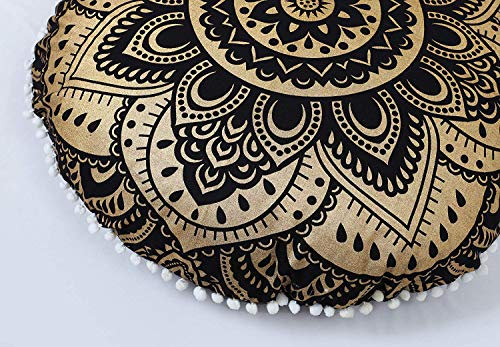Popular Handicrafts Bodenkissenbezug – Hippie-Mandala-Kissenbezug groß mit Pompons weichen Partikeln – Pouf Bezug rund böhmisches Yoga-Dekor, 81,3 cm, Schwarzgold