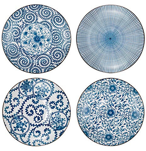 Foraineam Lot de 4 assiettes de service en porcelaine bleue et blanche Motif floral