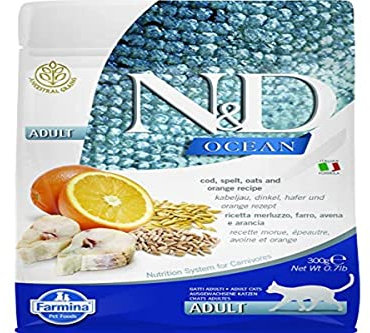 Farmina N&D Ocean Adult Pellets Katzenfutter(Trockenfutter, mit hochwertigen Vitaminen und natürliche Antioxidantien, ohne Mais, Zutaten: Kabeljau, Dinkel, Hafer und Orange, Portionsgröße: 300 g)