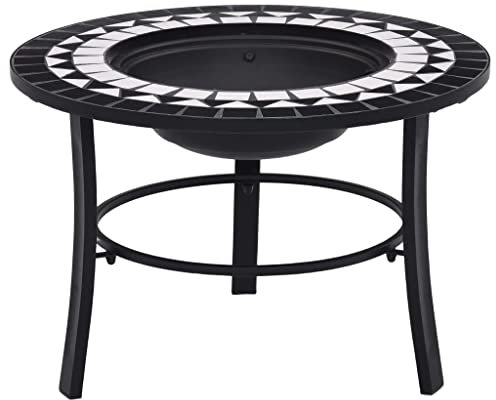 vidaXL Mosaik Feuerstelle mit Dreibeinständer Terrassenofen Feuerschale Grill Gartenfeuer Feuerkorb Terrassenfeuer Schwarz Weiß 68cm Keramik