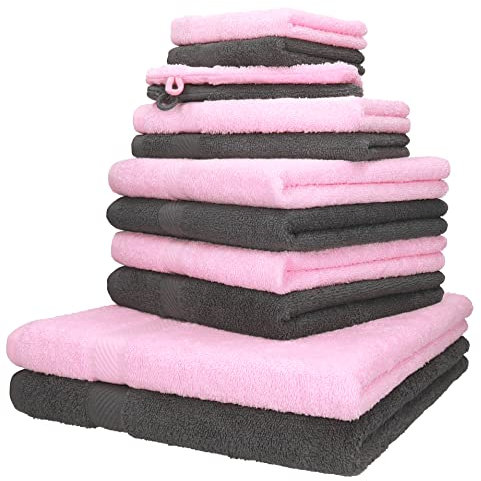 Betz 12-TLG. Handtuch-Set Palermo 100% Baumwolle 2 Liegetücher 4 Handtücher 2 Gästetücher 2 Seiftücher 2 Waschhandschuhe Farbe rosé und anthrazit