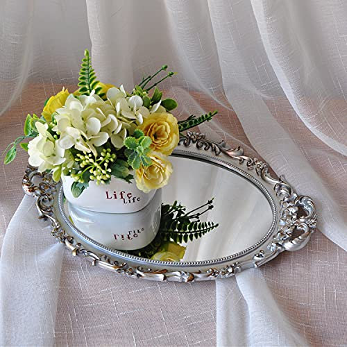 Yamfurga Oval Decorative Mirror Tray, French Style Flower Frame, Makeup Organizer, Jewelry Organizer, Serving Tray, 9.8x 14.6, Golden Silver