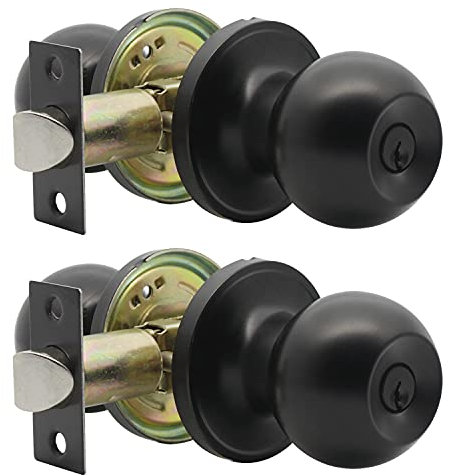 PinLin 2 Pack Keyed Alike Entry Door Knobs, Black Door Lock Handles, Round Door knob with Lock and Same Key, Entrance Knob (Lock with 3 Combo Keys) for Office or Front Door