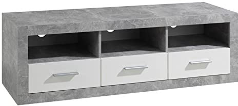 Tv-Lowboard Fernsehregal Fernsehtisch | Betonoptik | Weiß Hochglanz | 147x49x45 cm
