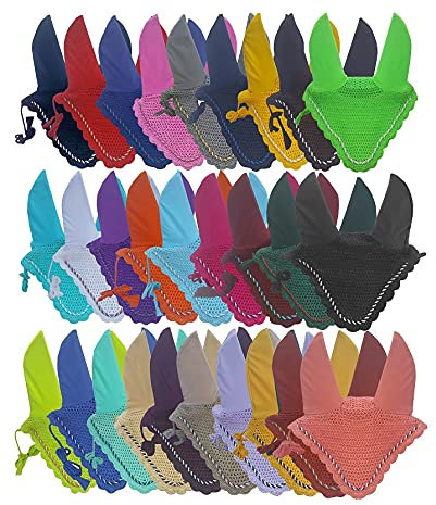 Pferdeohren Fliegenschleier, gehäkelt, mit Paspelierung, 30 Farben, Voll/COB/Pony (voll, hellblau)