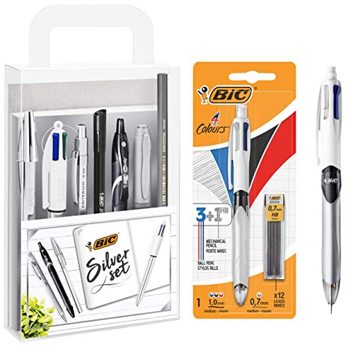 BIC Silver Set - 1 Carnet de Notes/3 Stylos-Bille/1 Stylo Gel/1 Crayon Graphite HB/1 Feutre/1 Porte-Mines & 4 Couleurs 3+1 HB Stylo-Bille et Porte-Mines - Blister de 1 + 12 Mines 0,7 mm HB