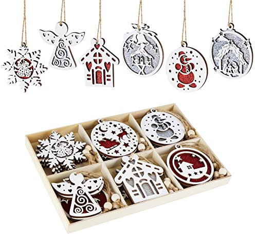 Weihnachtsanhänger Holz Rot-Weiß, 18 Stile Schneeflocken Baumschmuck Mit Juteseil, Holzanhänger für Dekoration & Christbaumanhänger in Holz-Box (6-7cm)