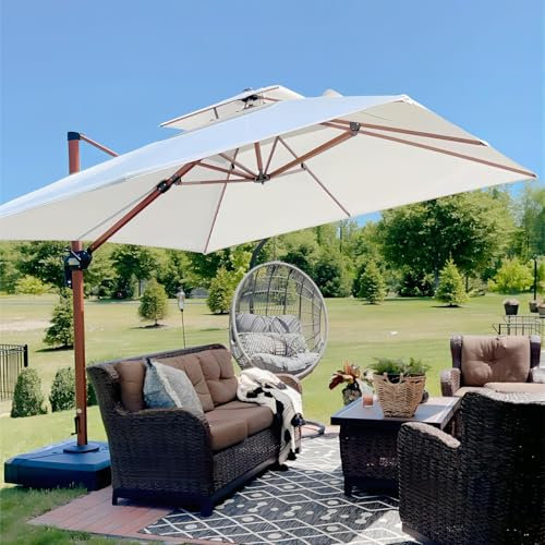 PURPLE LEAF Parasol Déporté Carré 3 x 3 m, Grain de Bois en Aluminium Parasol De Jardin Extérieur Toit à Double Rotatif 360°, Parasol Terrasse Extérieur XXL, Crème
