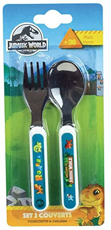 FUN HOUSE 006072 JURASSIC WORLD ENSEMBLE DE COUVERTS DINOSAURES COMPRENANT UNE FOURCHETTE ET UNE CUILLERE POUR ENFANT H.13,5 X L.3 CM