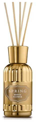 SPRING Gold Reed Diffuser 180ml with 5 Reed Sticks - French-Made Perfume Diffuser, Home Aromatherapy with Elegant Glass Bottle - Luxury Gift for Home Decoration, Long-Lasting White Flower Scent