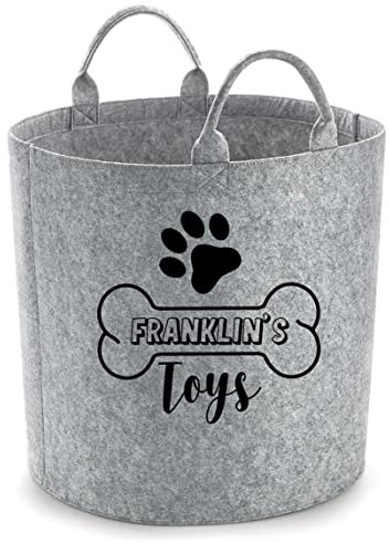 Personalised Toy Box For Dogs Paw Print Custom Name Dog Bone Storage Basket Pet Toybox Chest Trug Gift For Dog Owners Puppies Toys Pets Multi Purpose Puppy Accessories (LARGE, GREY)