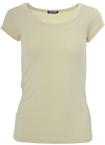 Easy Young Fashion - Damen Basic Rundhals T-Shirt - Kurzarm Unterziehshirt Skinny Fit 1001 - Beige L
