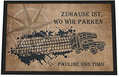 Personalisierte Fußmatte Pickup – rutschfeste Camping Fußmatte mit Reifenspur und Spruch „Zuhause ist, wo wir parken“ - Zwei Größen - Blickfang für Pickup-Liebhaber