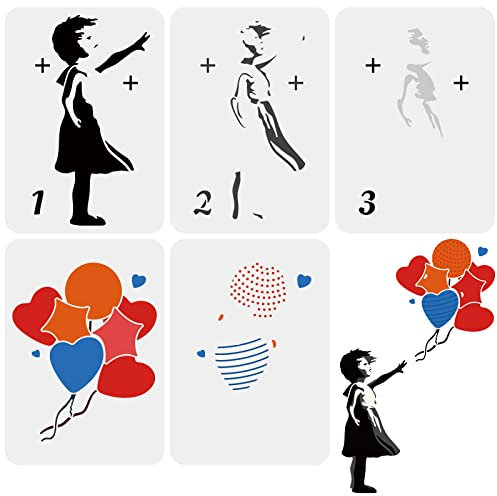 FINGERINSPIRE 5 Stück Banksy Schablone Geschichtetes Design 29.7x21cm Mädchen Ballon Malschablone Waschbar Kunststoff Textilgestaltung Stencil Banksy Dekoration für Wand, Möbel, Holz und Papier
