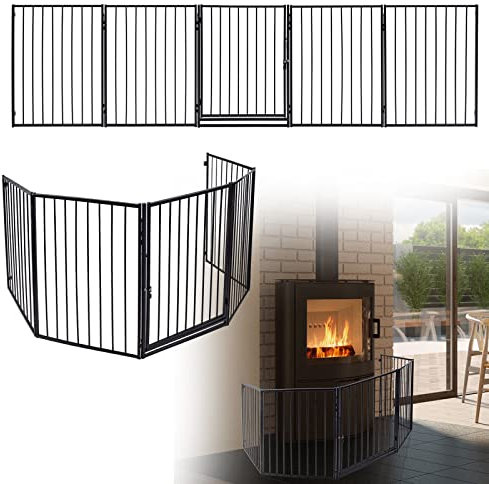 YARDIN Kaminschutzgitter mit Tür Metall Ofenschutzgitter, Kamingitter Kinderschutz Faltbar Gesamtlänge 305 cm, Treppenschutzgitter Konfigurationsgitter 5-teilig für Kinder Haustier, Typ A