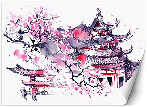 Premium Vinyl Fototapete Japan Zen Pagode 150x105 cm XXL Wandtapete Tapeten Wohnzimmer Schlafzimmer Jugendzimmer Büro Flur Hotel Spa Moderne Design Wand Dekoration Aquarell Garten Tempel Rosa