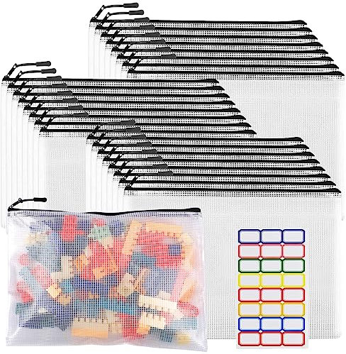 YOPCDJ 24pcs Large Mesh Zipper Pouch File Bags Reusable Zippered Pouches for Organizing Classroom, Board Game Storage, Puzzle Bags Black
